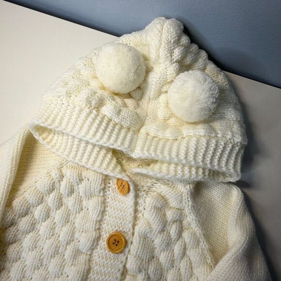 Baby Hooded Cardigan Sweater Pom Pom 6-12 mo Ivory Acrylic - Picture 3 of 6